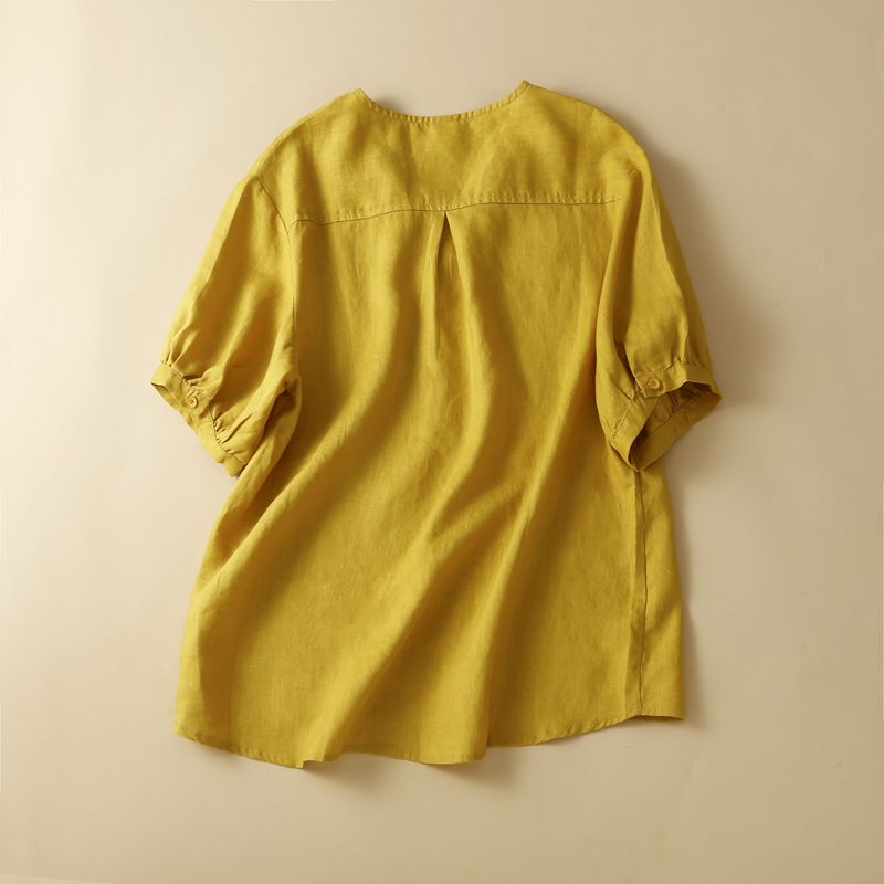 nuove magliette estive casual artistiche in cotone e lino, camicie a maniche corte con scollo a V da donna_voghion.com