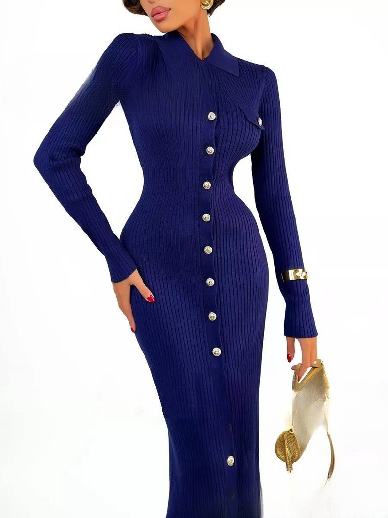Damenbekleidung Button POLO Revers Strickkleid_voghion.com