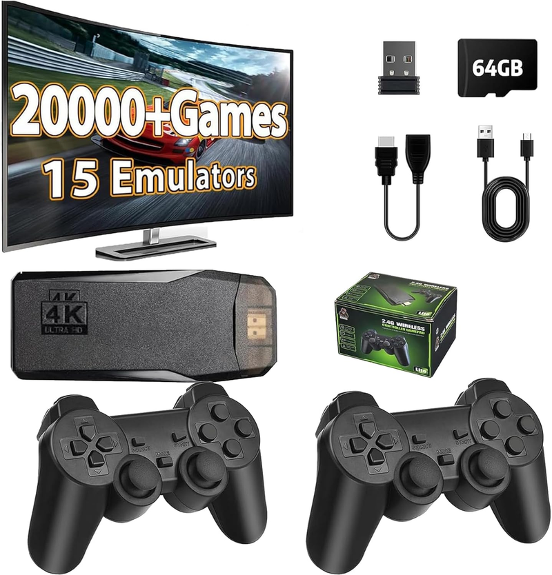 Console per videogiochi mini wireless, 10K+giochi/20K+giochi, uscita HDMI 4K, console per videogiochi wireless a 2,4 GHz, console per videogiochi retrò per TV e display_voghion.com