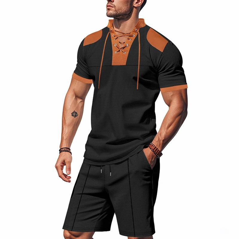 Waffle Herren Sommer Casual Tethered Henry Kurzarm Shorts Anzug_voghion.com