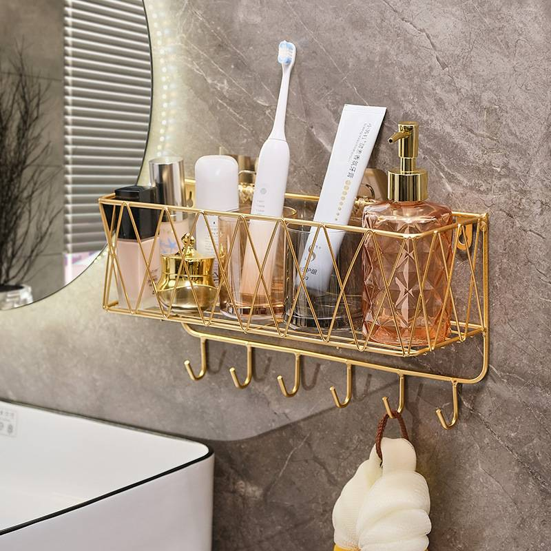 Mensole da bagno senza foratura, mensole da parete per WC, contenitori per cosmetici, prodotti per la cura della pelle, mensola da appendere in ferro con sfera da doccia_voghion.com
