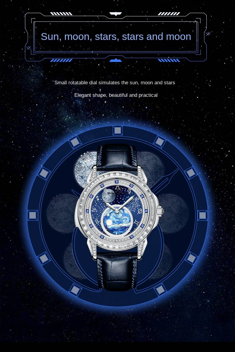 McLaro Infinite Universe Kollektion: Mechanische Zodiac-Herrenuhr mit blauem Zifferblatt und Kalbslederarmband. Vielseitig für die Freizeit._voghion.com