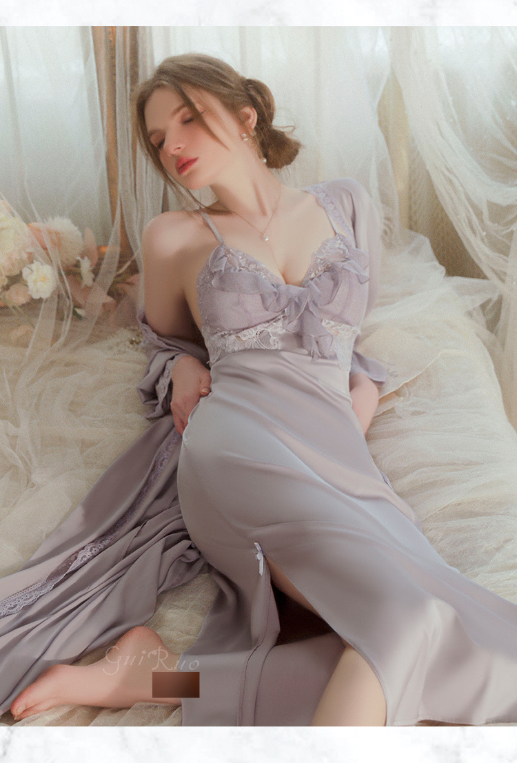 Underwear & Sleepwears Elegant Plus Size Loungewear Set - Satin V-Neck Sleep Dress With Padded Bralette & Slit Robe, Adjustable Belt, Comfortable_voghion.com