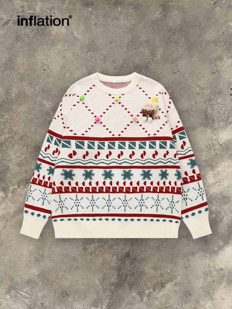 Cozy Christmas Sweater With Playful Doll Design - Oversized Knit Pullover For Women & Teens (Red, Cream, Black) - S/M/L/Xl_voghion.com