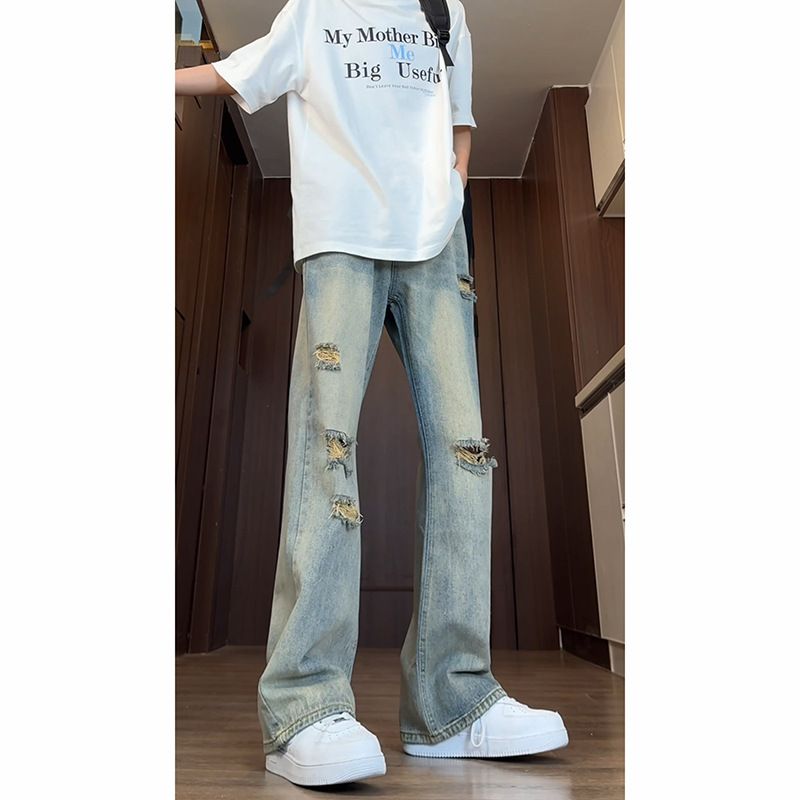 Jeans rétro déchirés à pattes d'éléphant pour hommes – Style années 70, taille haute, effet usé (S-3XL)_voghion.com