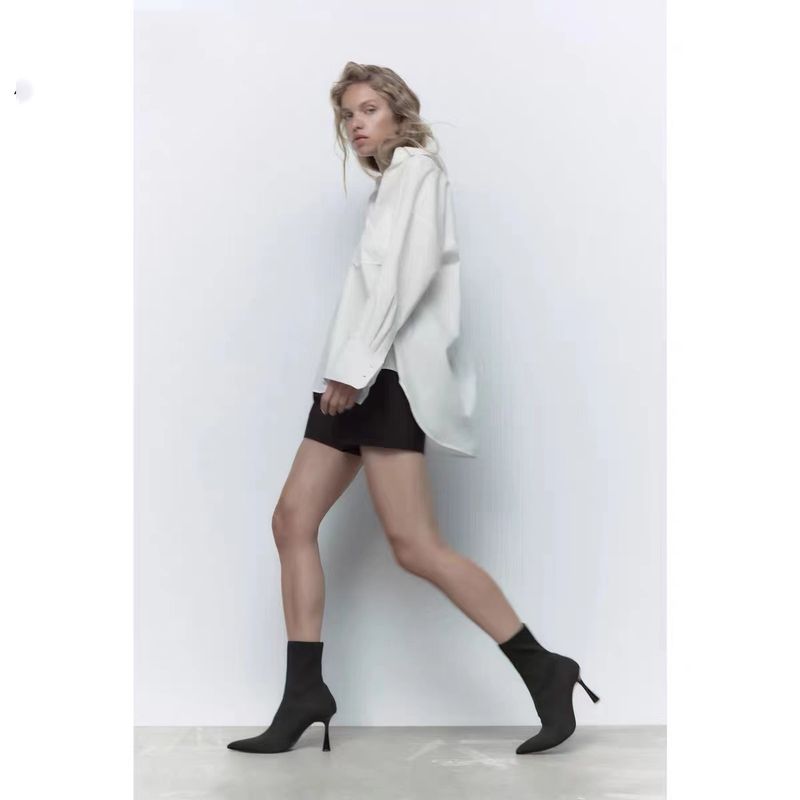 ZA Automne Nouvelles Chaussures Femme Tissu Noir Haute Élasticité Bout Pointu Stiletto Court Chaussette Bottes Mode_voghion.com