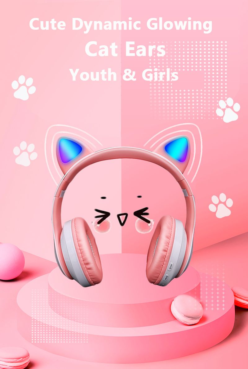 Cuffie wireless con orecchie di gatto rosa, compatibili con Bluetooth, auricolari stereo pieghevoli con microfono, musica per bambini_voghion.com