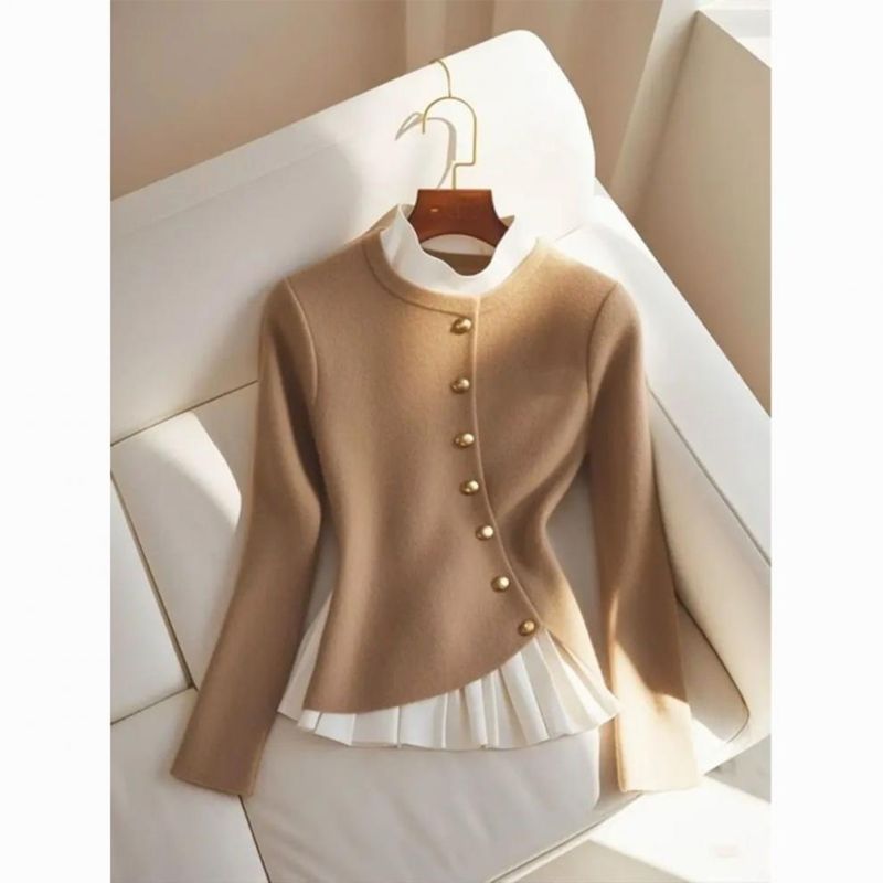 Elegantes, locker sitzendes Damen-Strickoberteil – weiche Fleece-Langarmbluse mit Rüschendetail für die Herbst-Winter-Garderobe (Lila/Camel, S-3XL)_voghion.com