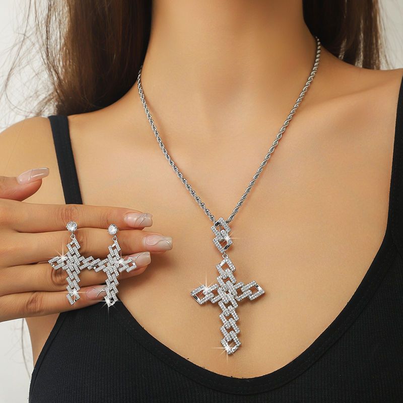 Ins Style Neue kubanische Kette Kreuz Anhänger Ohrringe Persönlichkeit Trendy Herren Halskette Hip Hop Zubehör_voghion.com