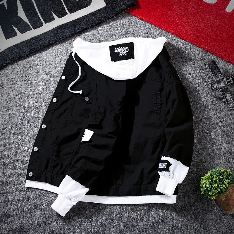 Men's Jackets Spring 2022 Red Pink Black Jeans Jacket Men Slim Streetwear Ripped Denim Hoodie Hip Hop Bomber Homme_voghion.com