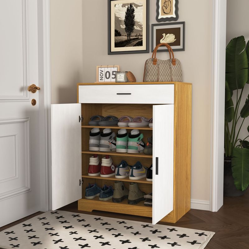 Shoe Cabinet, 4-Tier Shoe Rack Organizer With 1 Drawer, Freestanding Wooden Shoe Storage Cabinet With 2 White Door & Adjustable Shelves For Entryway Hallway_voghion.com