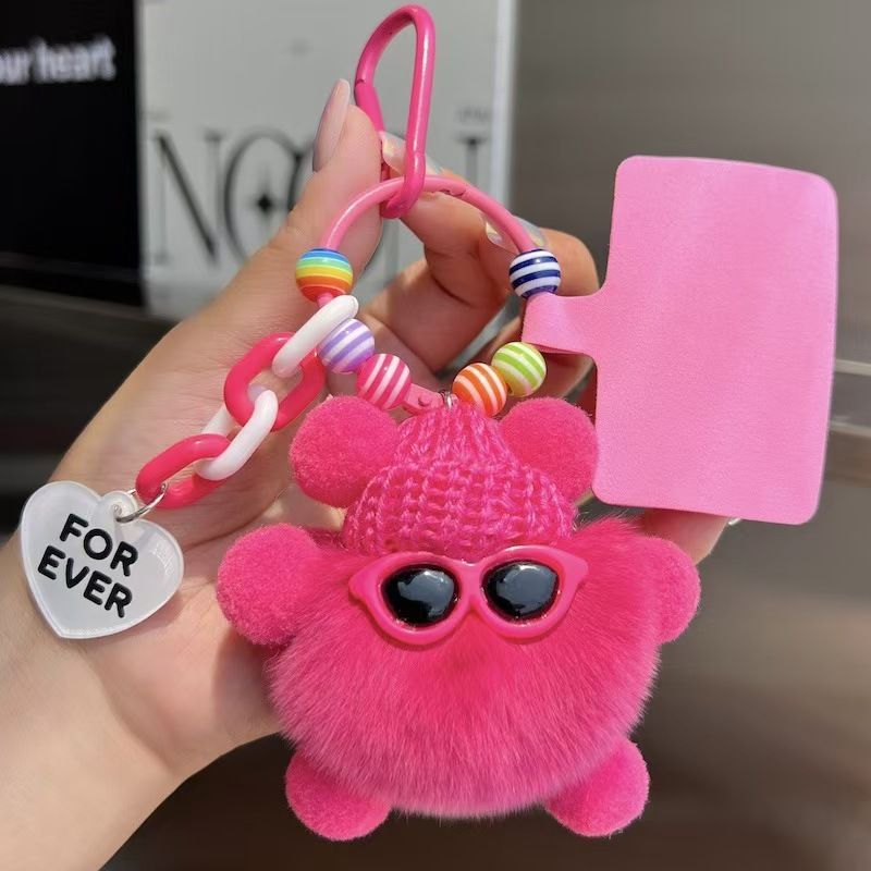 Portachiavi con ciondolo per auto in vera pelliccia di coniglio Rex, piccolo e grazioso, a forma di palla di carbone, per donne, squisita bambola di peluche da appendere allo zaino._voghion.com