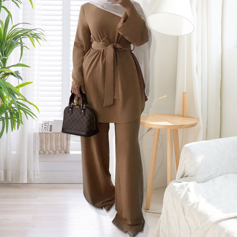 Abito musulmano da donna moda plus size semplice abito con lacci pantaloni a gamba larga_voghion.com