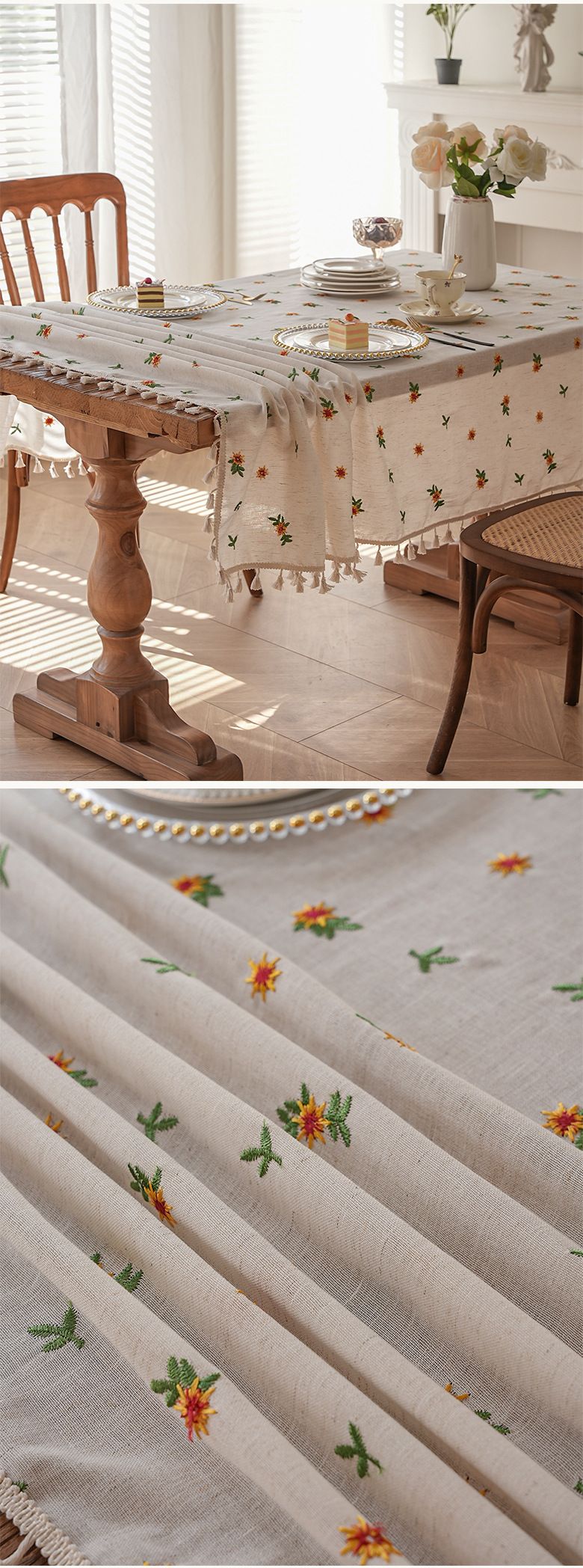 Luxury Waterproof Tablecloth - Pink Floral Embroidery On Linen, Stain & Dust Resistant For Dining Table (150x220cm, Machine Washable)_voghion.com
