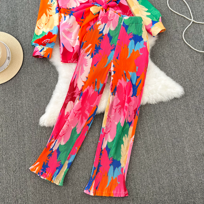 Modesæt til kvinder afslappet løs langærmet enkeltradet skjorte i to dele sæt højtaljede slankende tie-dye printede brede ben bukser_voghion.com