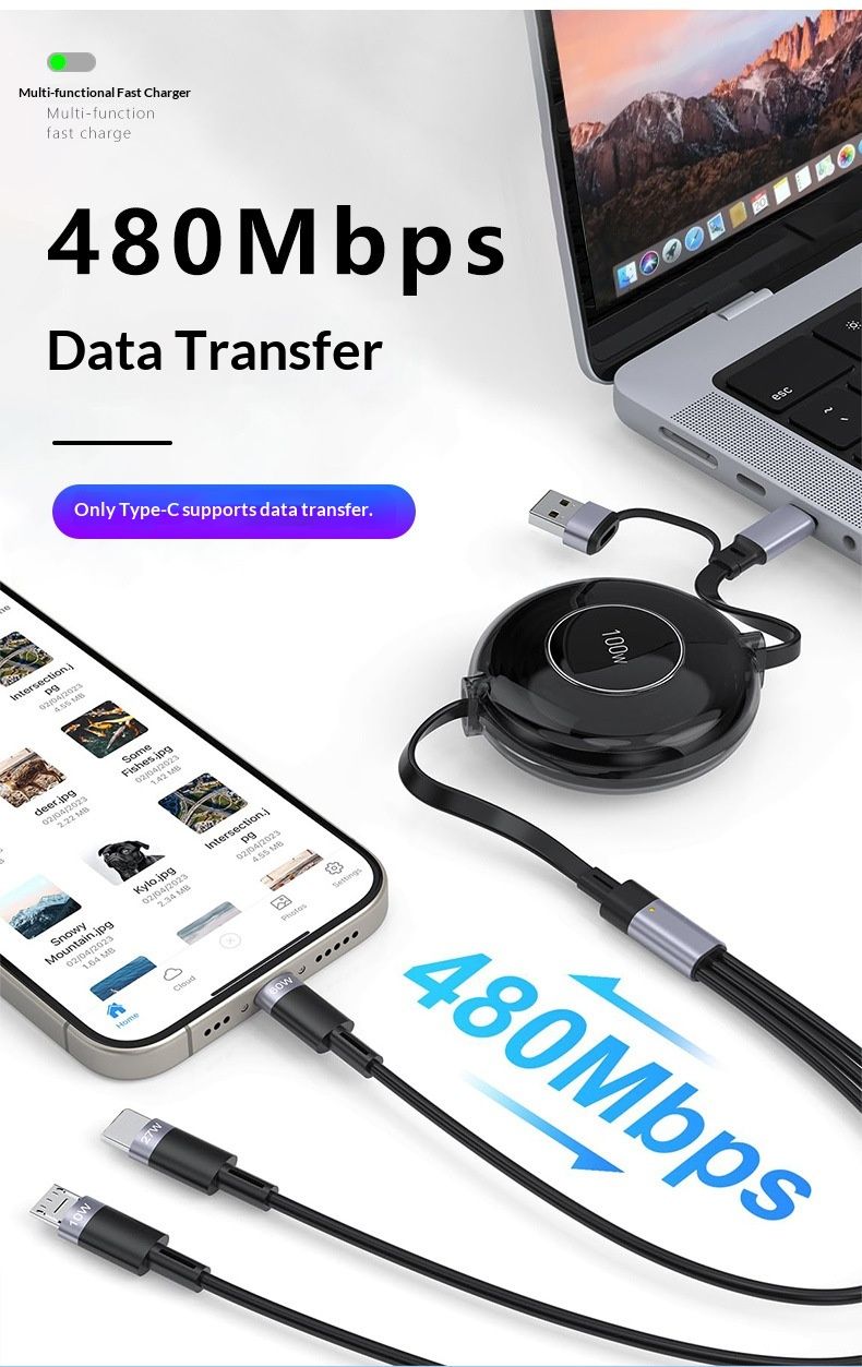 Câble de données pour téléphone portable Digitex 2-en-3 100 W avec interface multifonction Android Type-C et charge rapide PD_voghion.com