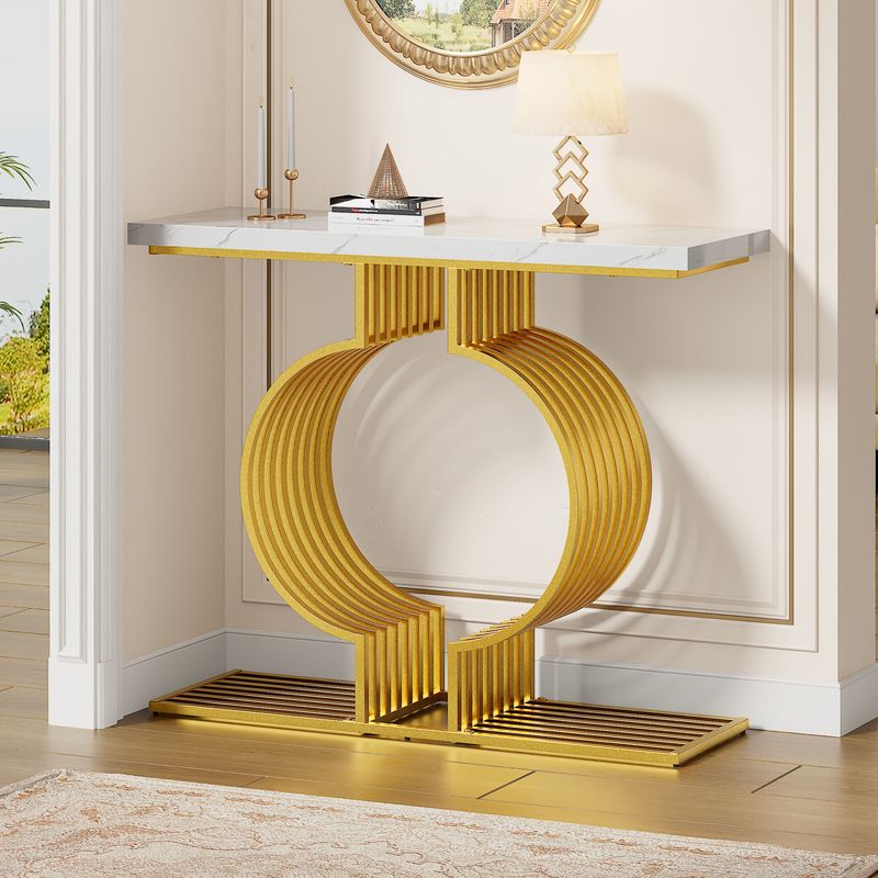 Table basse moderne minimaliste blanche brillante 100 x 35 x 80 cm, table d'appoint de salon avec pieds dorés, console, configuration double._voghion.com