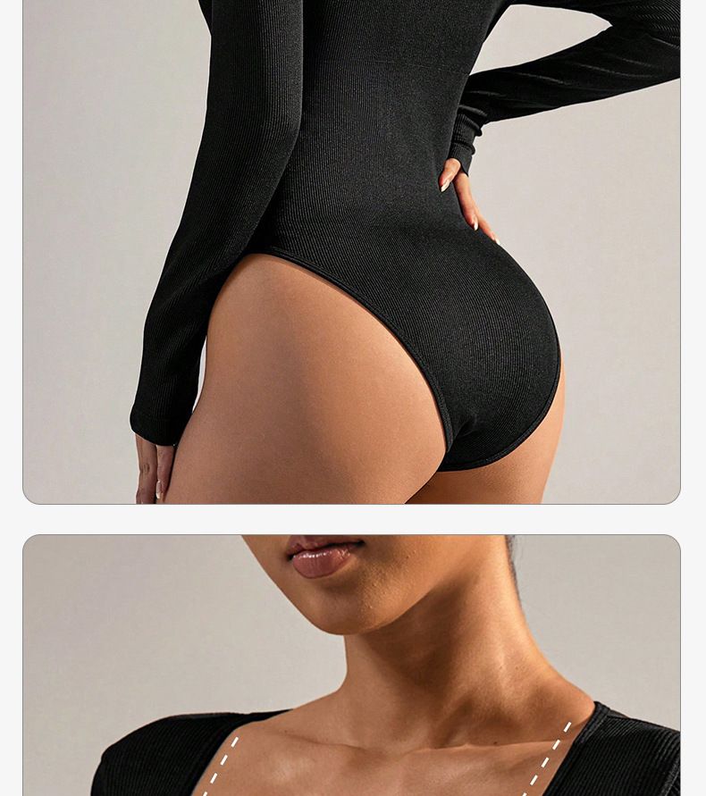 Mono sin costuras para mujer, manga larga, cuello redondo, corte ajustado, camiseta base de algodón acanalado, versátil para usar como prenda exterior o para bailar._voghion.com