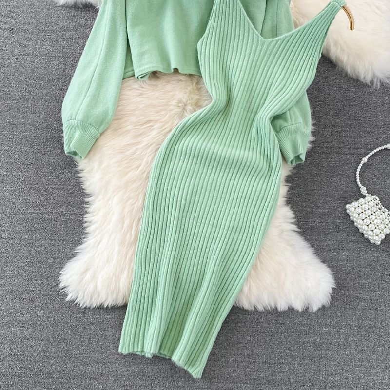 Vêtements pour femmes style mondain col rond perles taille haute court nombril nu pull deux pièces_voghion.com
