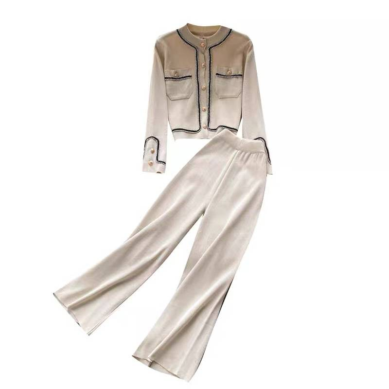 Women's Clothing Fashion suit for women autumn new breasted cardigan, sweater, high waist wide leg pants, knitted two piece suit_voghion.com