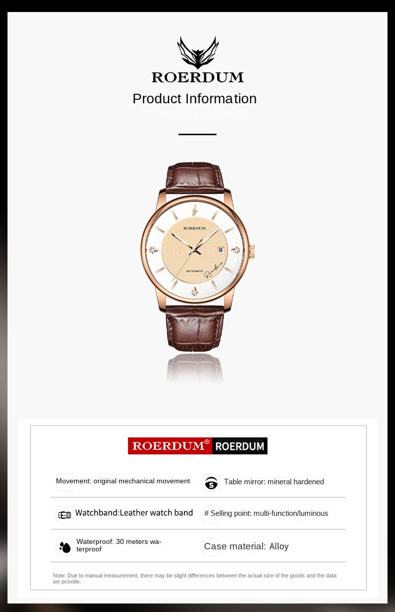ROERDUM Music Masters Series - Beethoven - Stainless Steel Bracelet , White Dial,Luminous Display, Classic & Stylish Men's Mechanical Watch_voghion.com