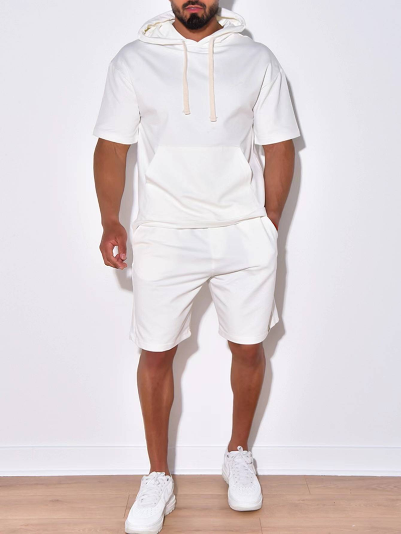 Nuovo prodotto 2025, abbigliamento sportivo casual da uomo europeo e americano, a maniche corte e pantaloncini, con cappuccio, tinta unita, due pezzi_voghion.com