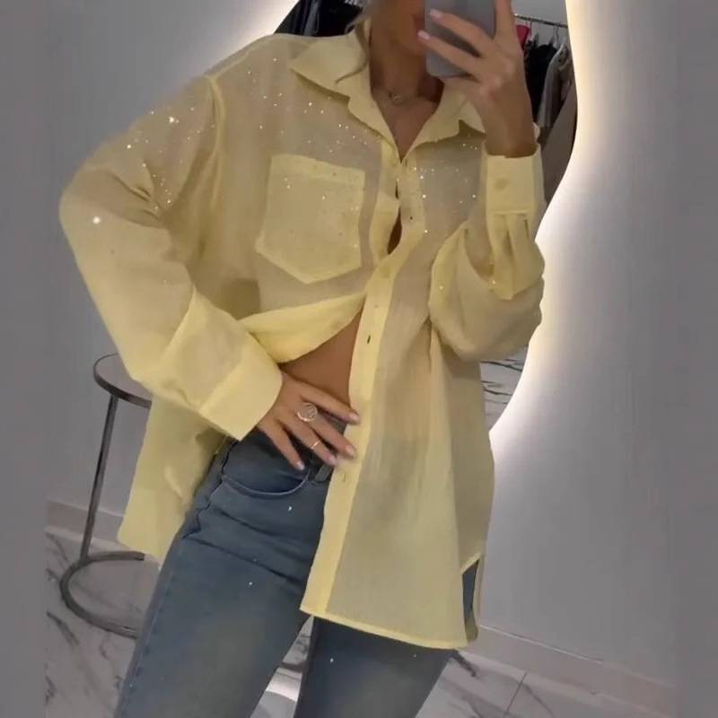 Blusa holgada de gasa con lentejuelas 3D para mujer: camisa de manga larga con abertura frontal para uso casual y urbano._voghion.com