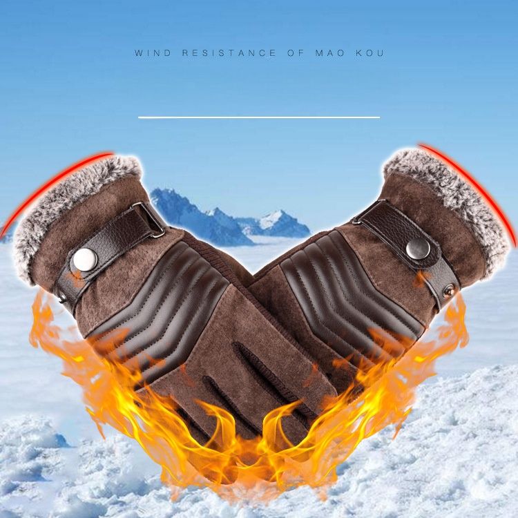 Pigskin Gloves For Men, Winter Touch Screen Outdoor Cycling Exercise, Cold Protection And Warmth, Thickened And Fleece For Warmth_voghion.com