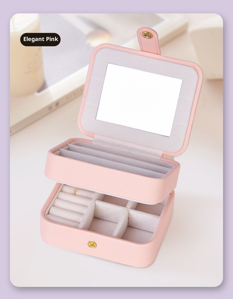 3-Layer PU Leather Jewelry Organizer Box With Mirror – Travel-Friendly Storage Case For Earrings, Rings, Necklaces (White/Pink/Green/Blue)_voghion.com