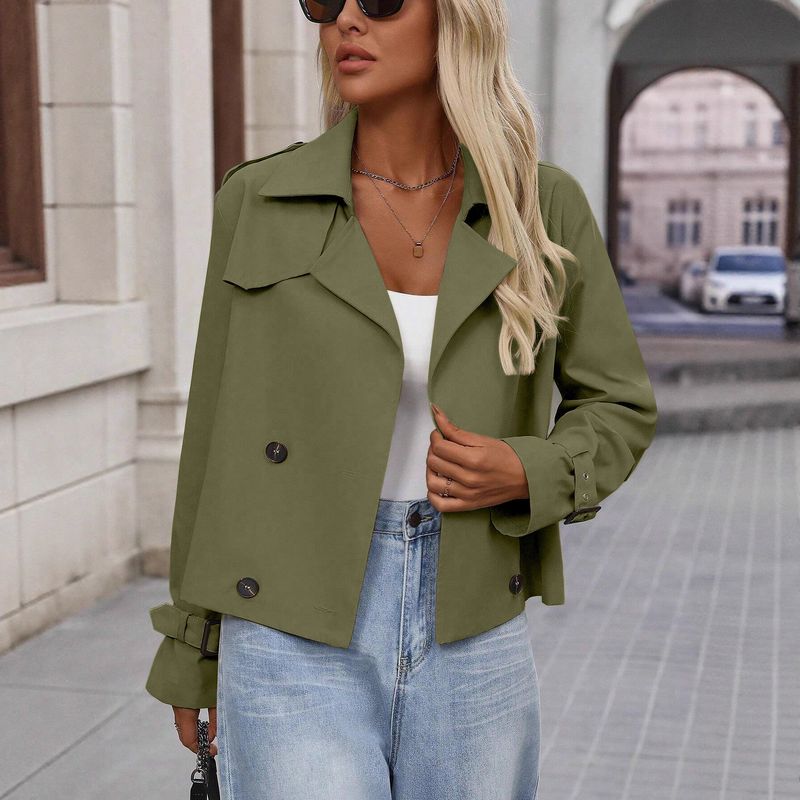 Dames trenchcoat met dubbele rij knopen - klassiek ontwerp met korte revers, waterafstotende polyester jas voor herfst en winter_voghion.com