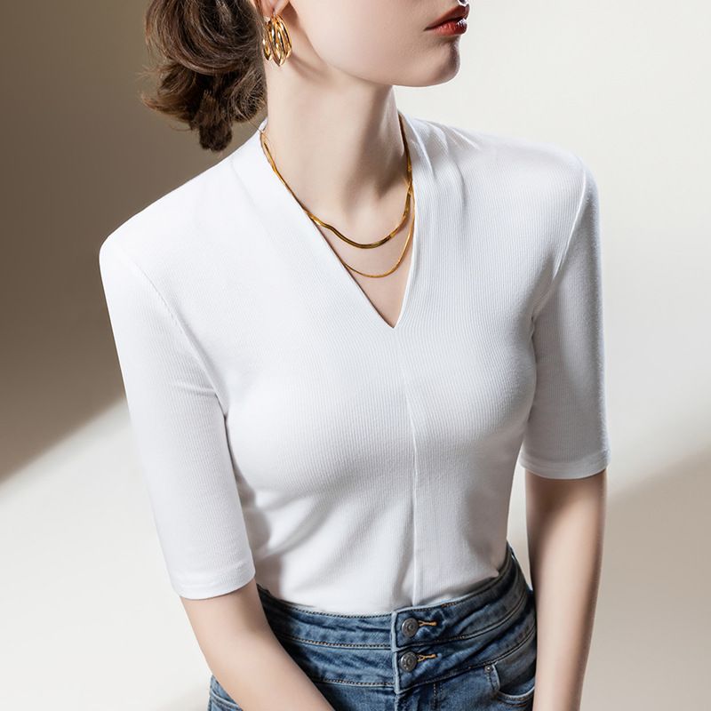 Maglietta da donna a maniche lunghe, a coste, tinta unita, stile europeo, elegante, con scollo a V profondo, modello 2025, con vita stretta_voghion.com