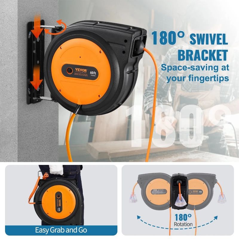 Retractable Reel Cord Extension 3C Cord 12AWG Power 65FT SJTOW Reel_voghion.com