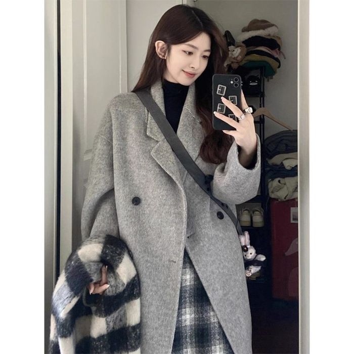Grauer zierlicher Wollmantel im koreanischen Stil für Damen, Herbst und Winter 2024, neues Design, mittellanger, verdickter Mantel_voghion.com