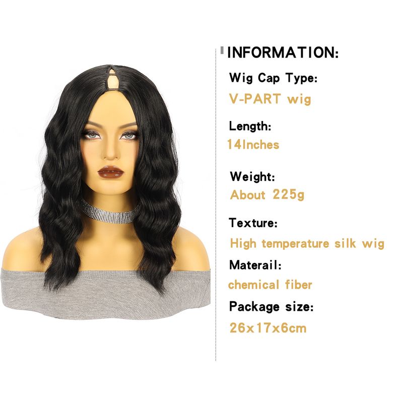 Synthetic Hair Wigs Women's Wigs V PART Black Middle Parted Short Curly Hair Water Ripples Synthetic Head Wigs_voghion.com