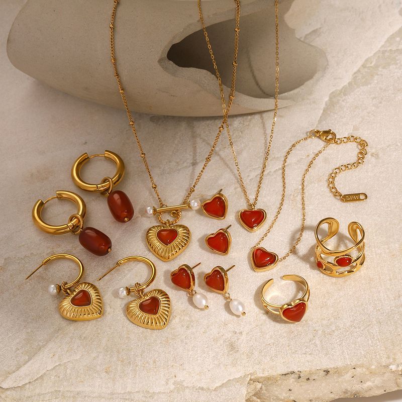 Collana elegante con ciondolo a forma di cuore da donna con agata rossa, catena in acciaio inossidabile, orecchini e anello coordinati, anello in stile minimalista Ins_voghion.com