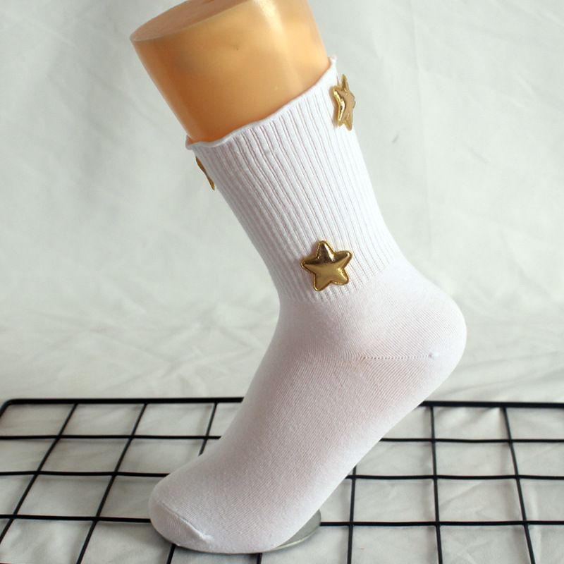 Socken Stern Einfarbige Damen-Mittelrohrsocken aus Holzohren Süße lange Socken Vier Jahreszeiten Studentensport-Baumwollsocken_voghion.com