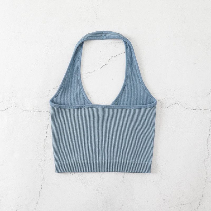 Neckholder-Body-Shaping-Unterwäsche für Fitness und Yoga, V-Ausschnitt, rückenfreies Camisole, gerippt, Bonbonfarbe_voghion.com