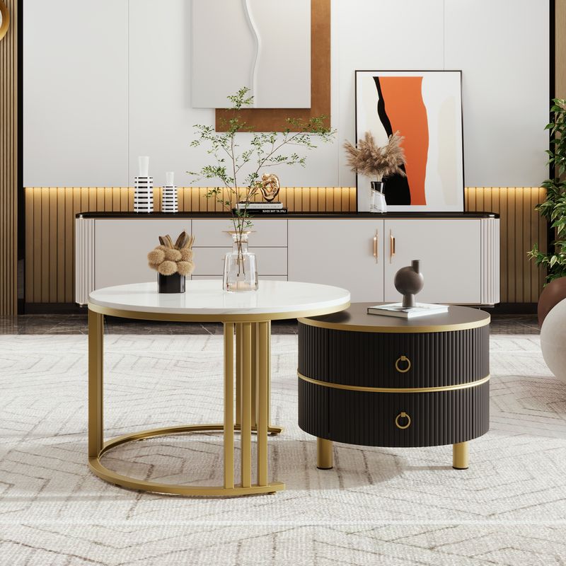 Table basse ronde 2 en 1 en MDF, table d'appoint avec plateau brillant et 1 plateau en marbre blanc, ensemble de table basse de salon avec 2 tiroirs, 70 x 70 x 46 cm + 50 x 50 x 40 cm_voghion.com