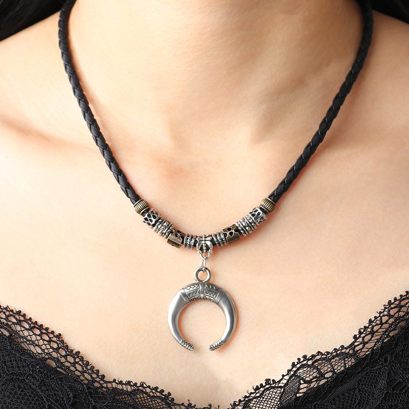 Etnische stijl legering halve maan hanger kralen geweven touw trui ketting verstelbare ketting_voghion.com