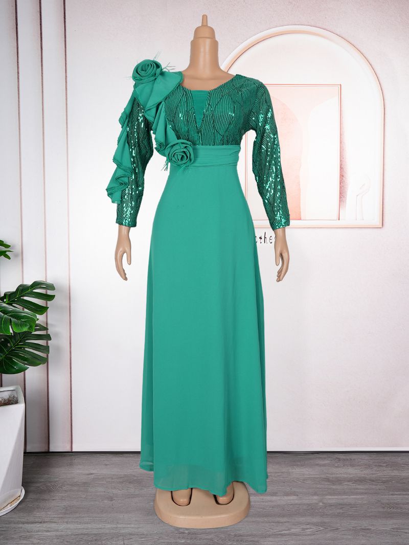 Abbigliamento da donna taglie forti abito con paillettes gonna lunga abito in chiffon a fiori_voghion.com