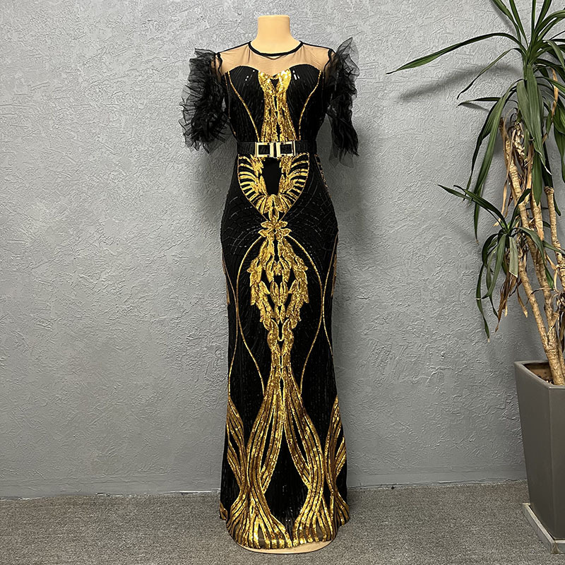 Paillettenkleid für Damen, schmal geschnittener Fischschwanz-Langrock, Bubble-Mesh-Ärmel, modische Abendgarderobe_voghion.com