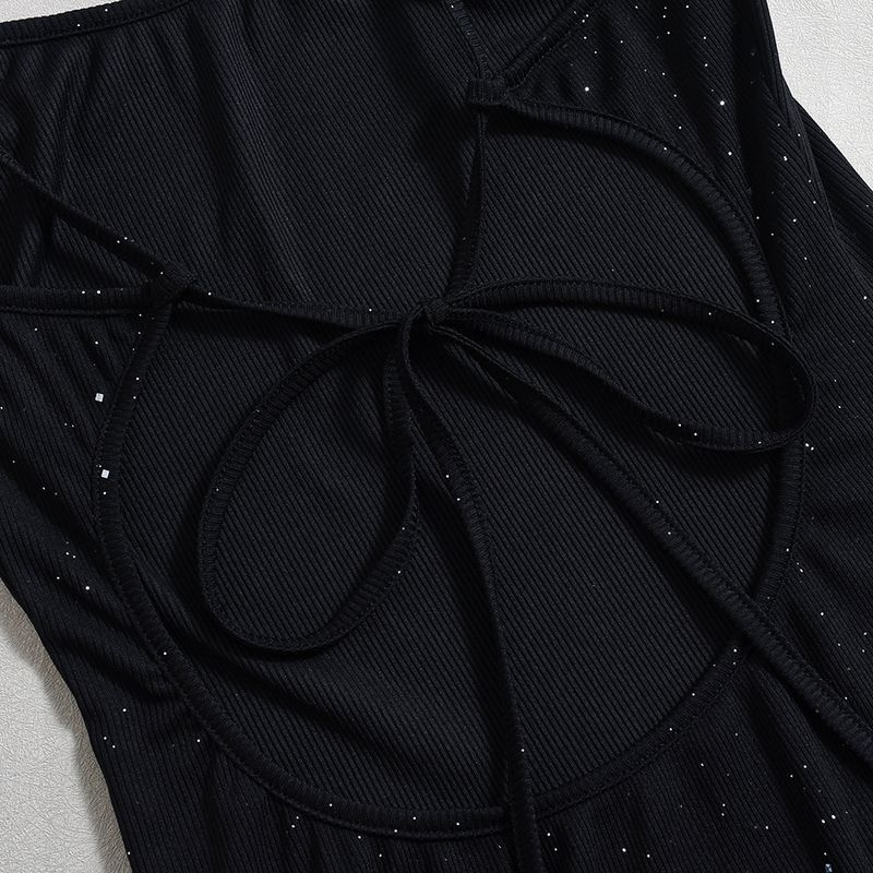 Sexy rückenfreies, figurbetontes Kleid mit Strassträgern – ärmelloses, langes Sommerkleid mit Schlitz für Frauen, dehnbare Clubwear aus Strick, elegant und lässig_voghion.com