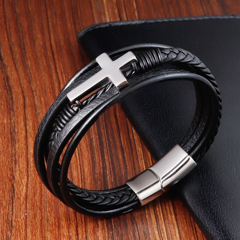 Edelstahl Gewebtes Armband Kreuz Echtes Leder Mehrschichtiger Herrenschmuck L20158_voghion.com