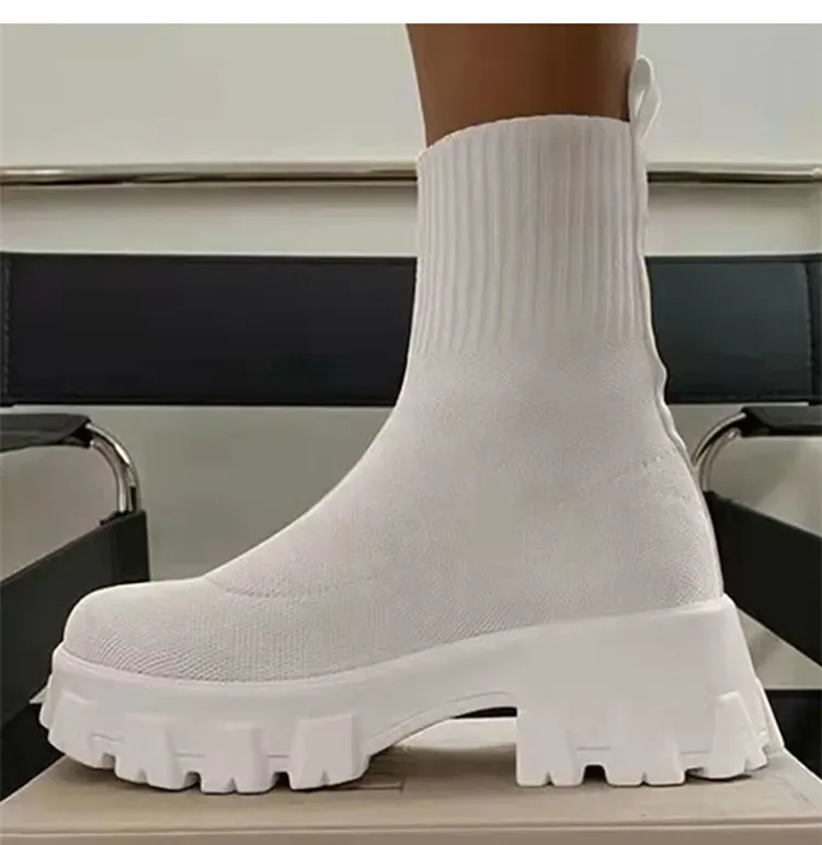 Scarpe autunnali corte con plateau e maglia per le donne Stivaletti con tacco Bianco Inverno Botas Mujer_voghion.com