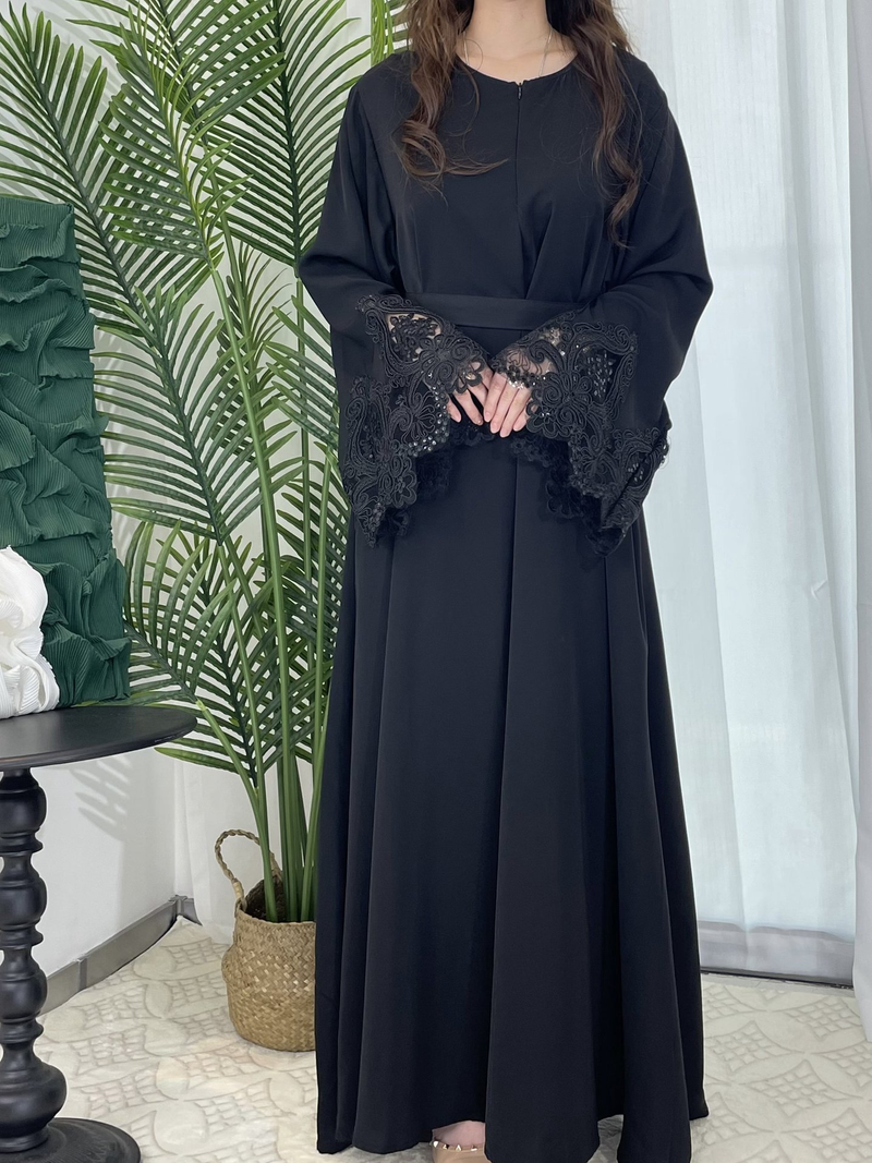 Damkläder Nya enfärgade blommiga spetsärmar med dragkedja Klänning Plus Size Damkläder_voghion.com