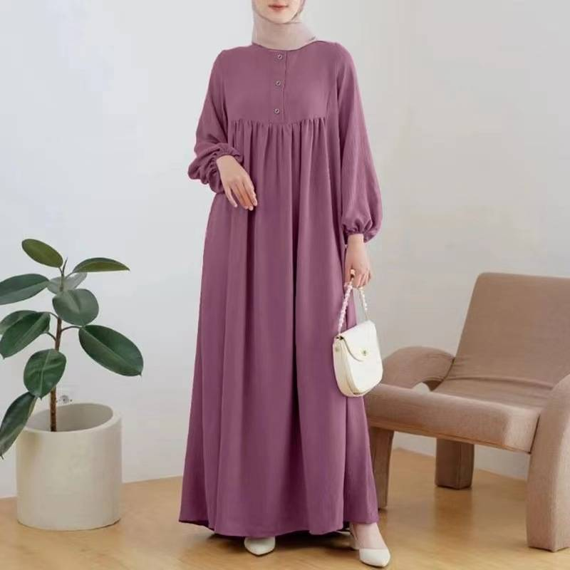 Damenbekleidung Muslimischer zweiteiliger Anzug für Damen, neuer einfarbiger langärmeliger Rundhals-Shirt-Bademantel, lockerer Hosenanzug mit weitem Bein_voghion.com