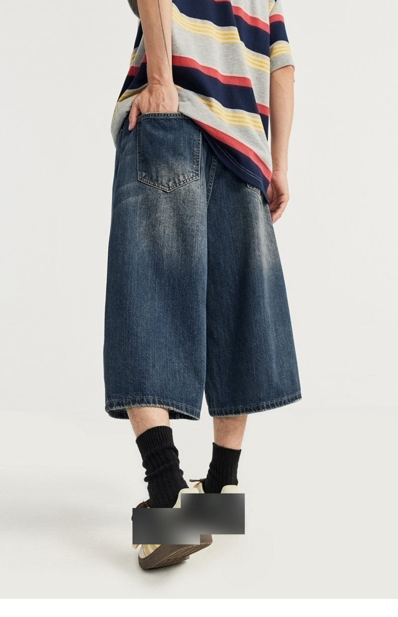 Abbigliamento maschile Hong Kong Style Retro Distressed Uomo Pantaloncini in denim larghi a gamba larga alla moda Estate pigro Stile nostalgico Colore Vintage Seven Point_voghion.com