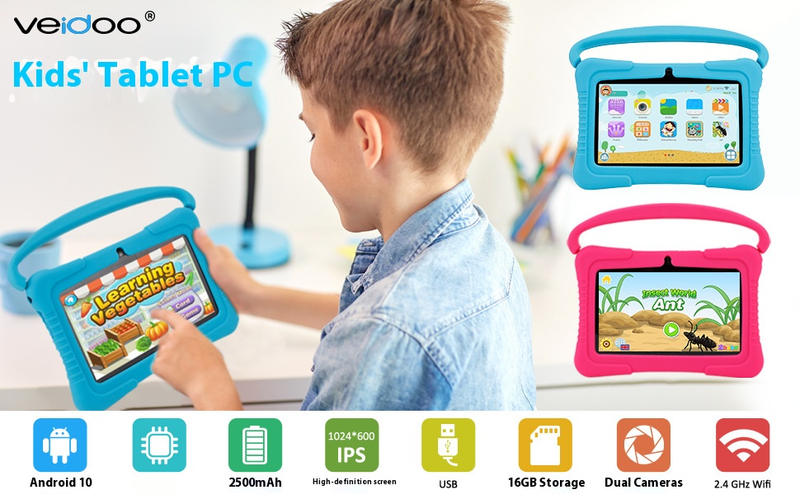 Tableta Android para niños de 7 pulgadas con control parental: 32 GB de almacenamiento, cámara dual, pantalla IPS, Bluetooth, batería de 5-7 horas (rosa/azul, sin funda)_voghion.com
