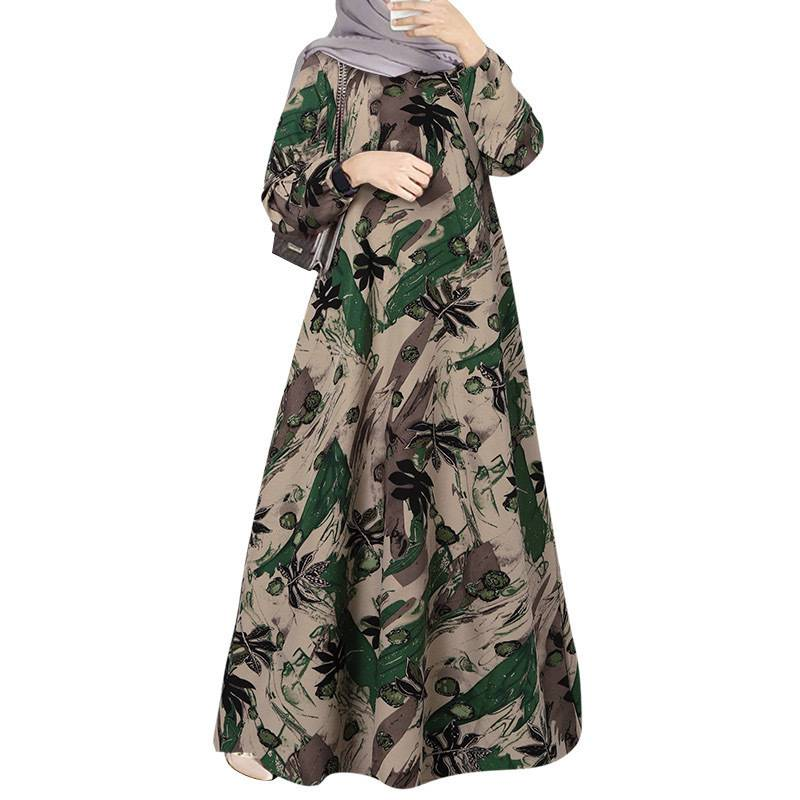 Elegantes muslimisches Abaya-Kleid mit 3D-Blumendruck – schlichtes Maxikleid mit langen Ärmeln für Damen, Übergröße S-5XL (Gelb/Grün/Rot, islamische Mode)_voghion.com