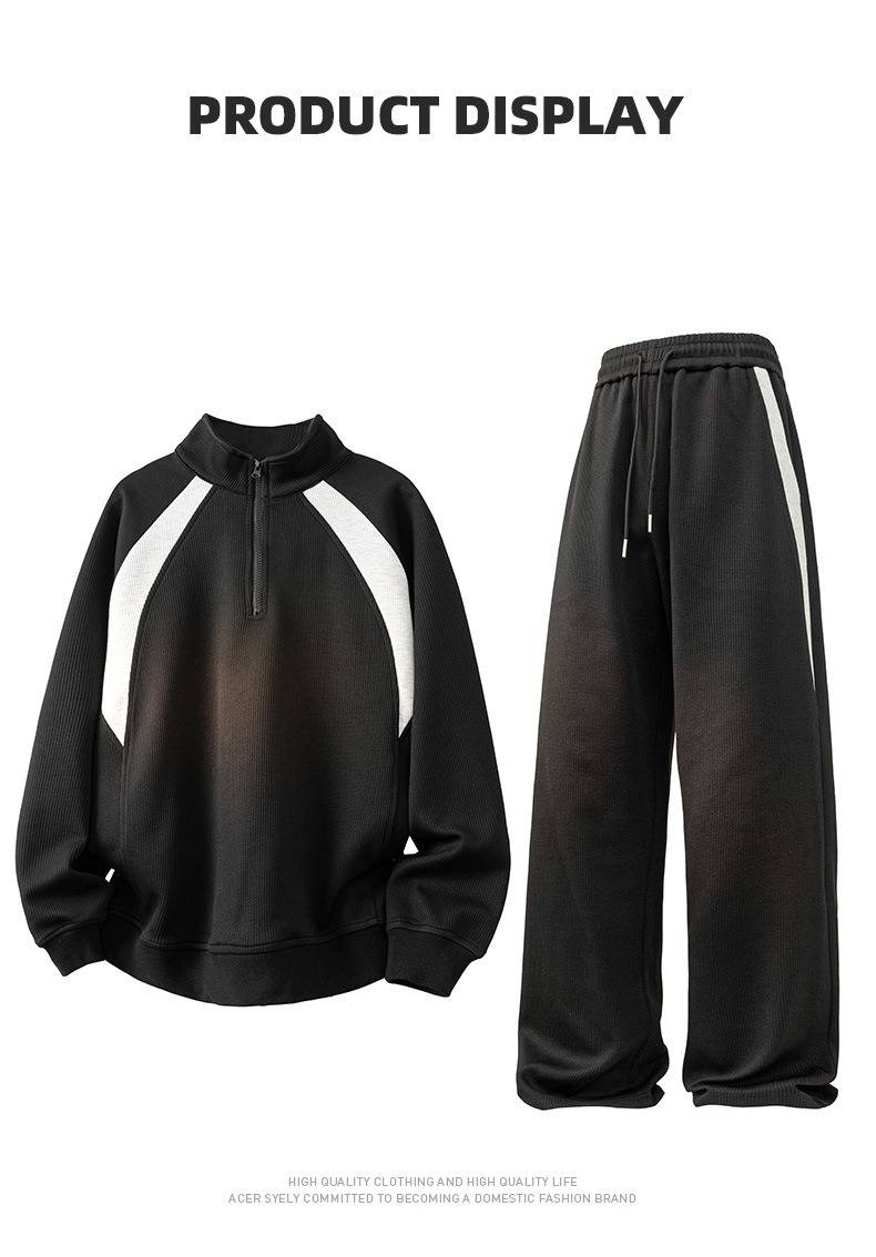 Men's Half-zip Sweatshirt & Jogger Set Casual Tracksuit For Spring Autumn Unisex Streetwear Outfit In Black & Grey_voghion.com